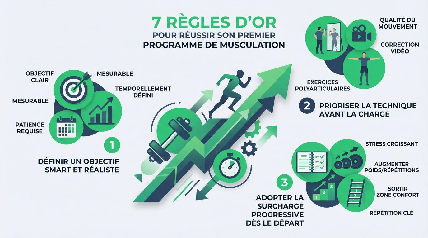 Infographie résumant les sept règles d'or pour débuter la musculation efficacement
