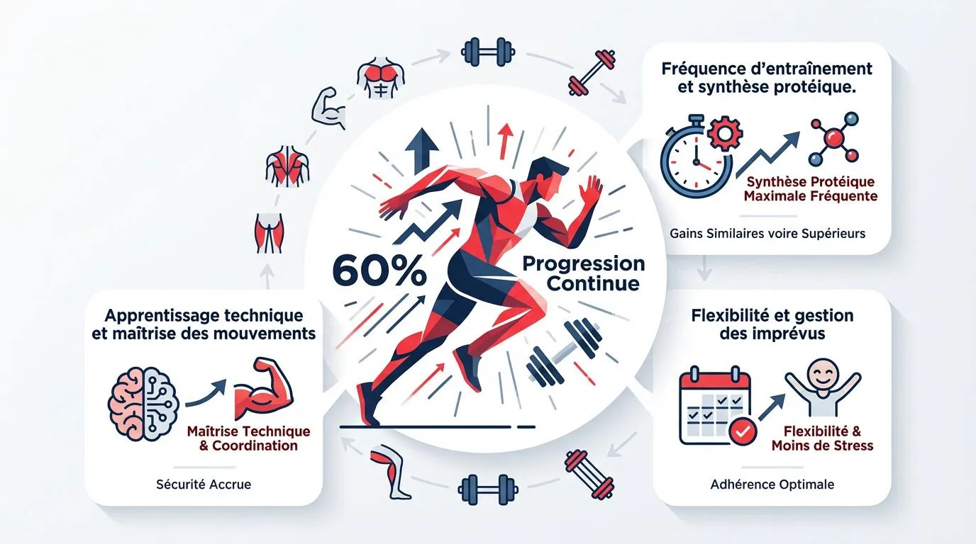 Infographie montrant les bénéfices du programme full body pour la progression musculaire et l'efficacité de l'entraînement