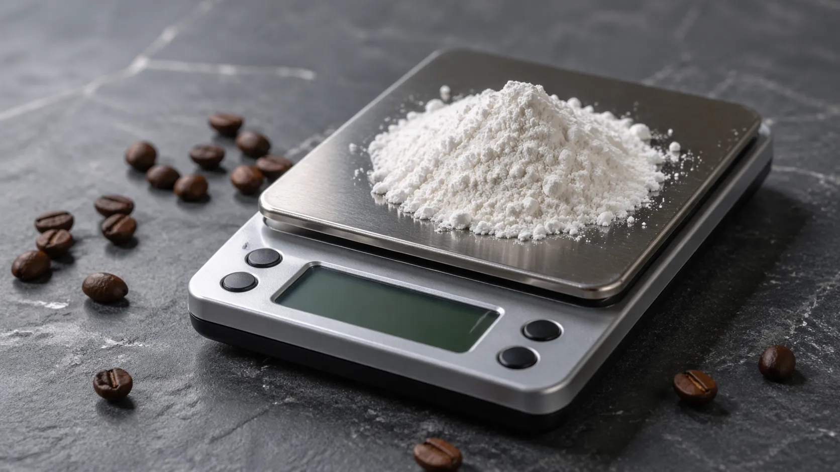 Balance de précision avec poudre de créatine et graines de café sur un plan de travail