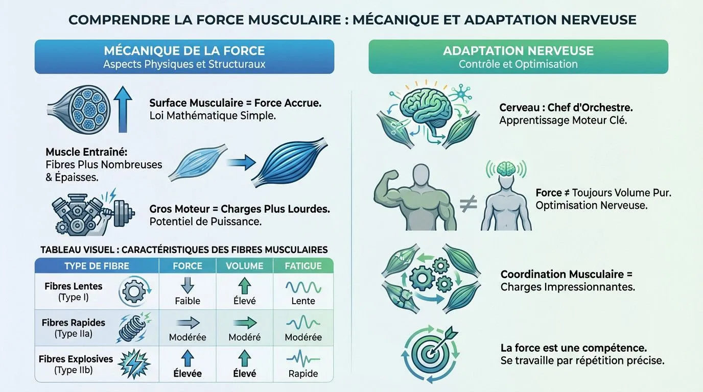 Schéma illustrant la relation entre la section transversale du muscle et la force mécanique produite