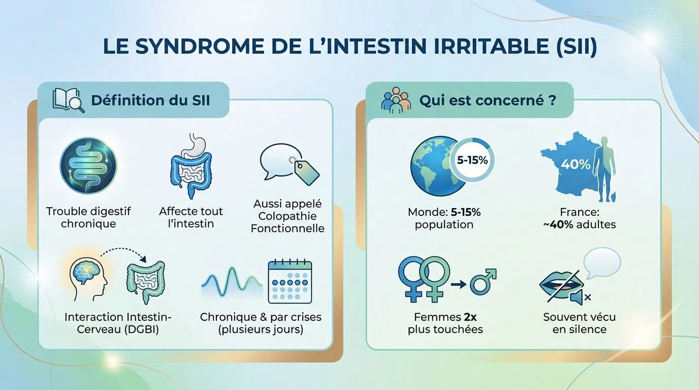Infographie explicative sur les symptômes et causes du Syndrome de l'Intestin Irritable (SII)