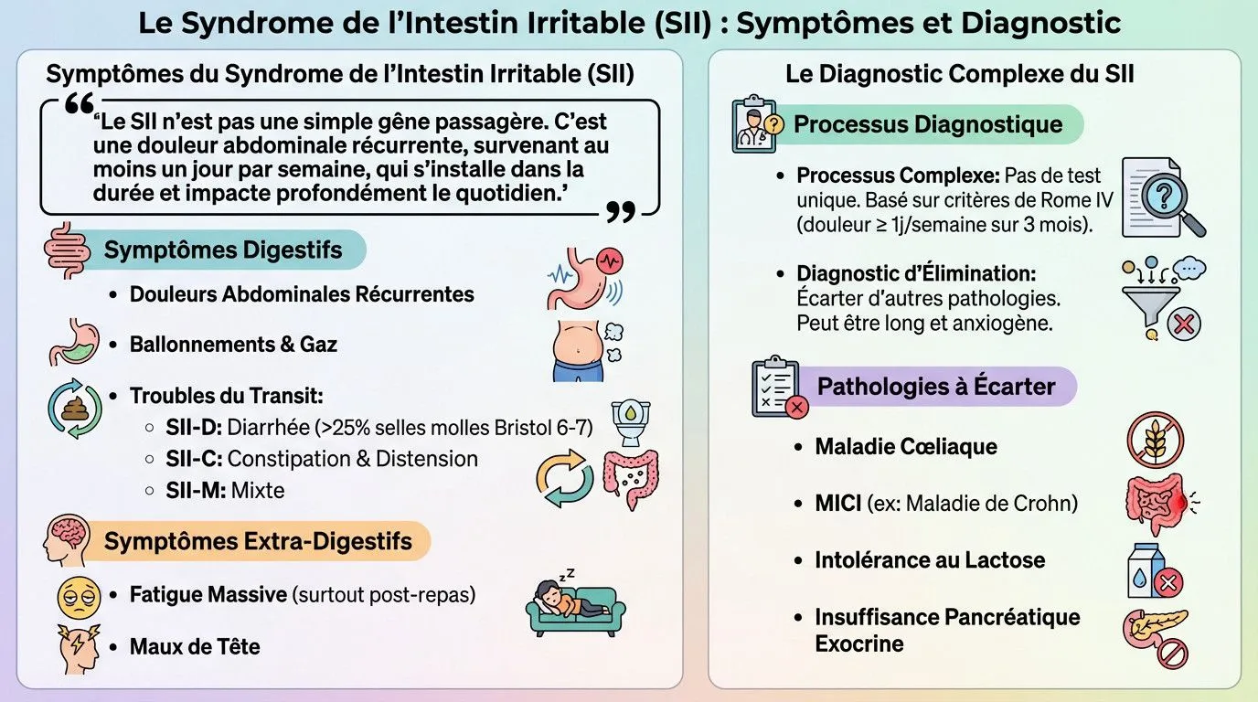Schéma illustrant les symptômes et le diagnostic du Syndrome de l'Intestin Irritable