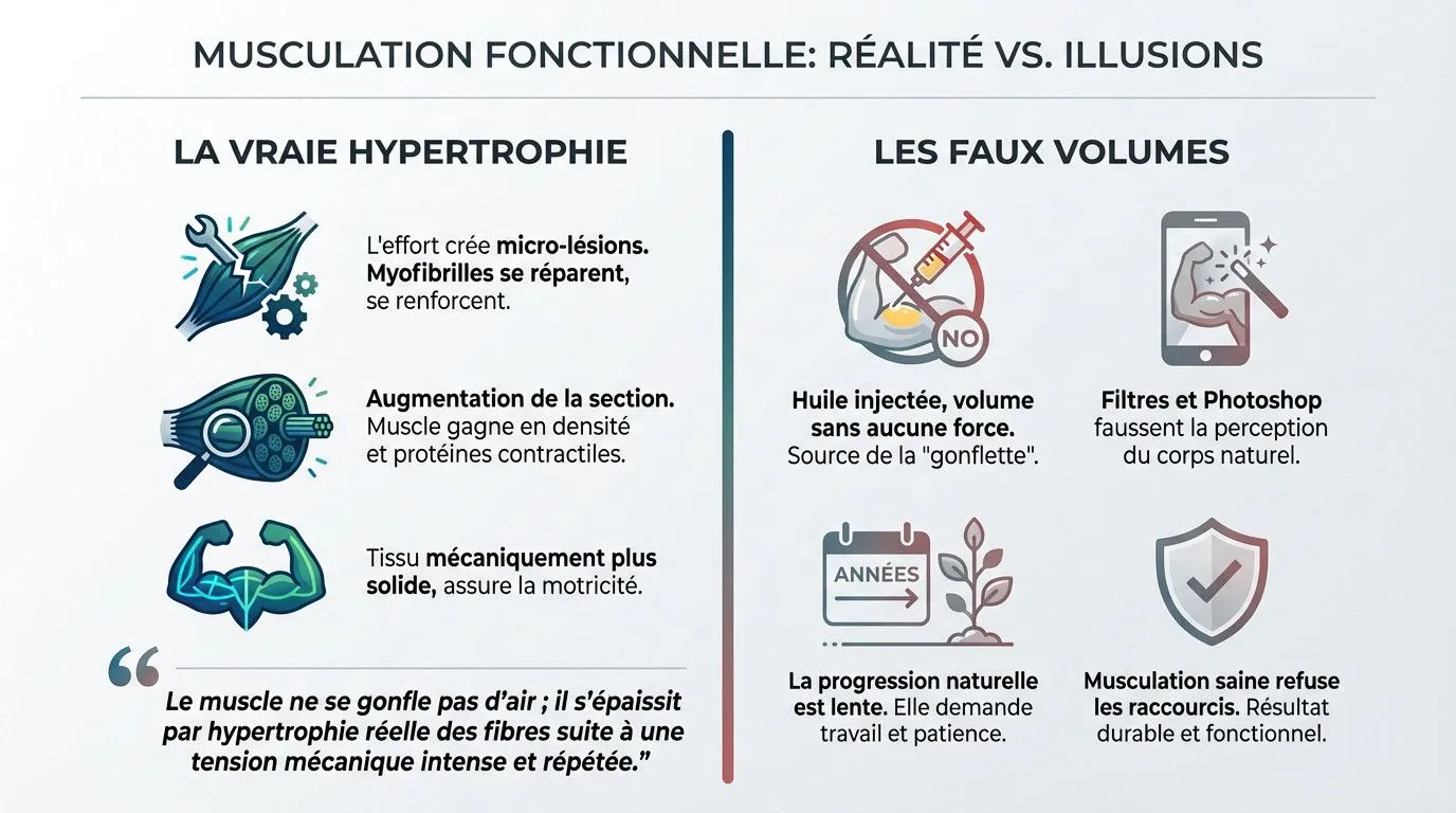 Schéma comparatif entre l'hypertrophie musculaire fonctionnelle et le volume artificiel