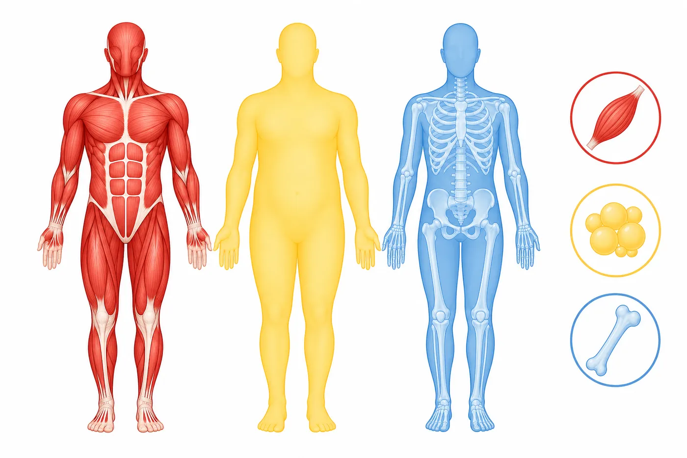 Schéma de composition corporelle montrant la répartition entre masse musculaire, masse grasse et masse maigre pour le profil skinny fat