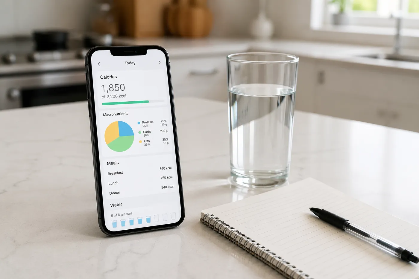 Suivi calorique sur une application mobile avec répartition des macronutriments pour une recomposition skinny fat