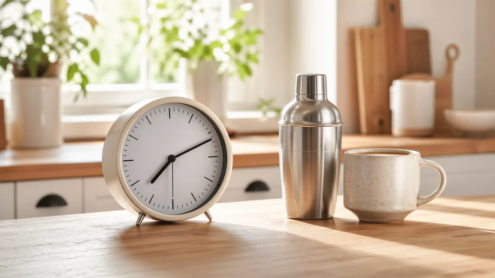 Horloge de cuisine et shaker de pré-workout posés sur un comptoir lumineux