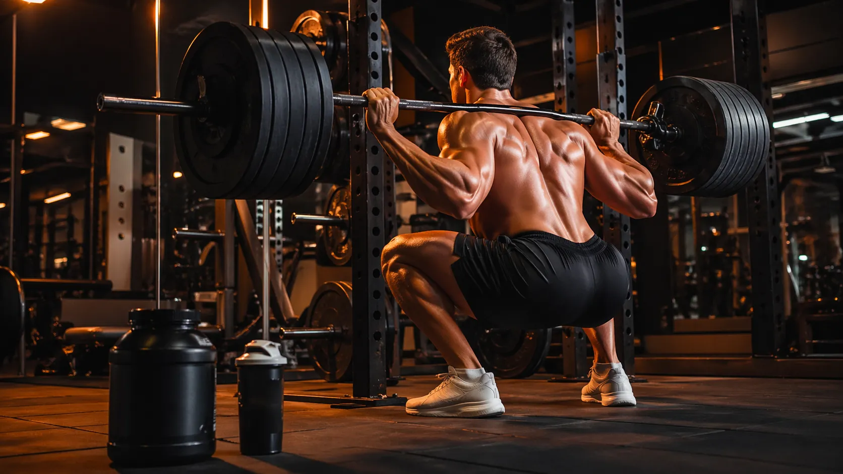 Sportif en salle de musculation utilisant whey protéine et créatine monohydrate pour la prise de masse musculaire