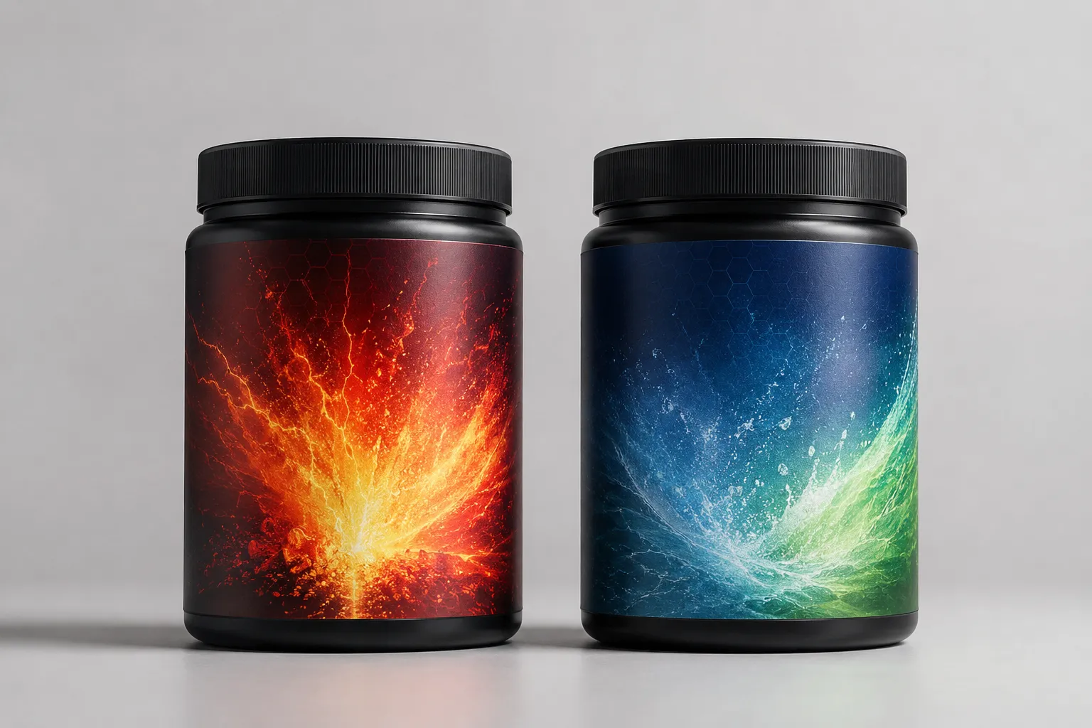 Deux pots de pre workout, l'un stimulant et l'autre sans caféine, côte à côte