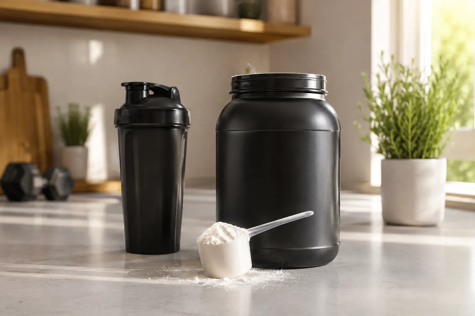 Pot de pre workout en poudre avec cuillère doseuse et étiquette détaillée
