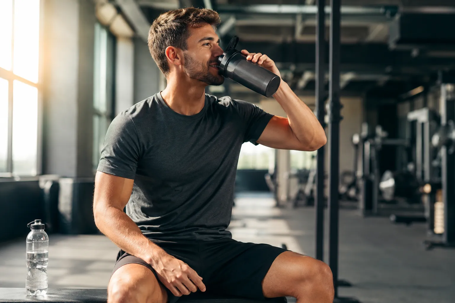 Sportif buvant son pre workout avant de commencer son échauffement