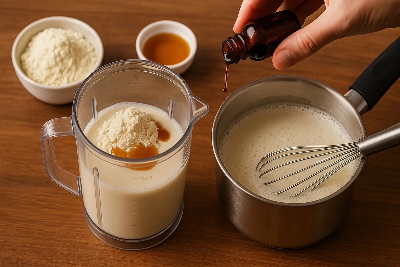 Ajout de la protéine en poudre vanille et du miel dans le lait doré épicé