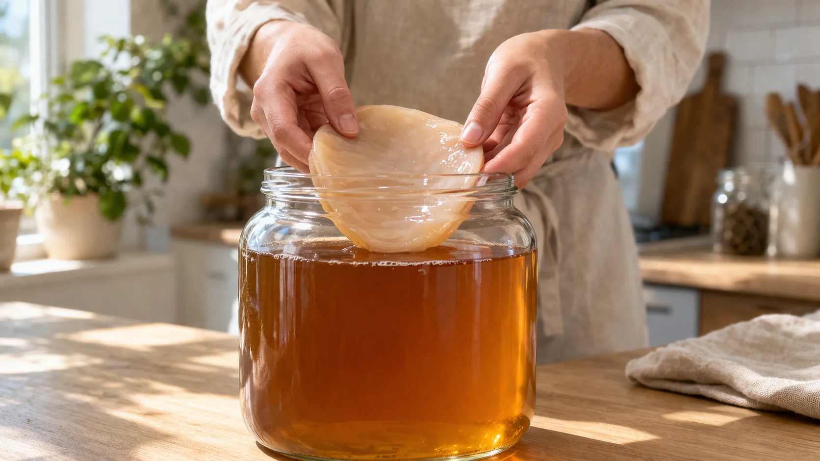 Mains déposant délicatement un SCOBY dans un bocal en verre rempli de thé sucré ambré, cuisine lumineuse fond de bois clair