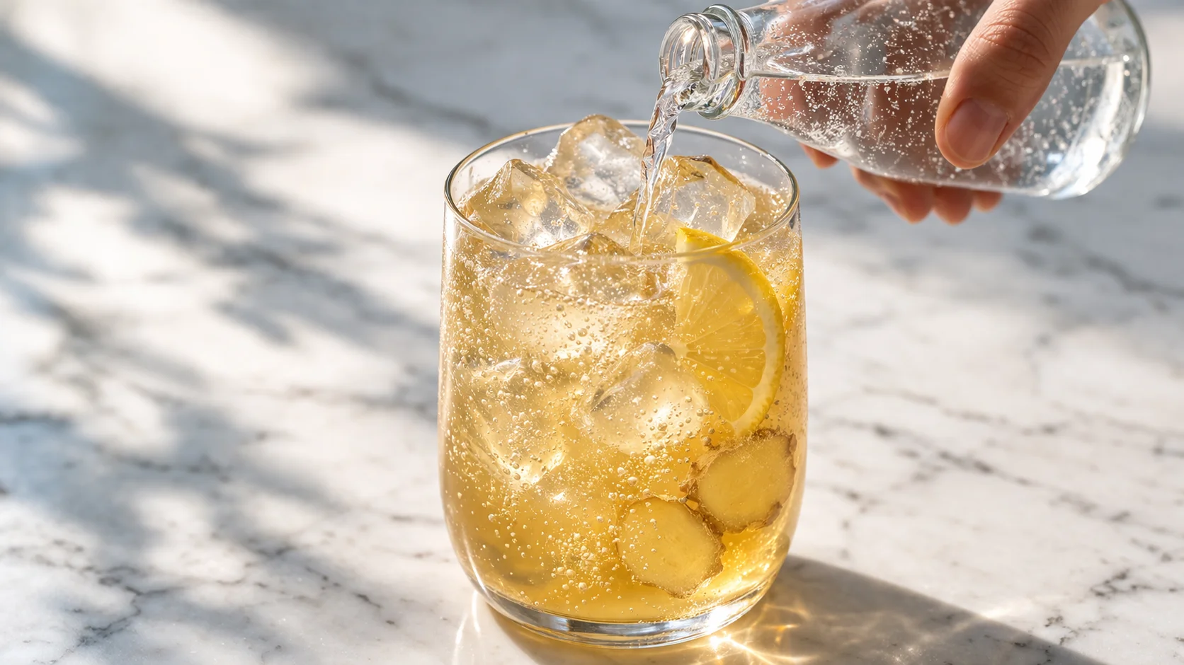 Eau pétillante versée en filet sur le côté d'un grand verre rempli de glaçons, citron et gingembre, boisson dorée pétillante se formant, fond de marbre blanc