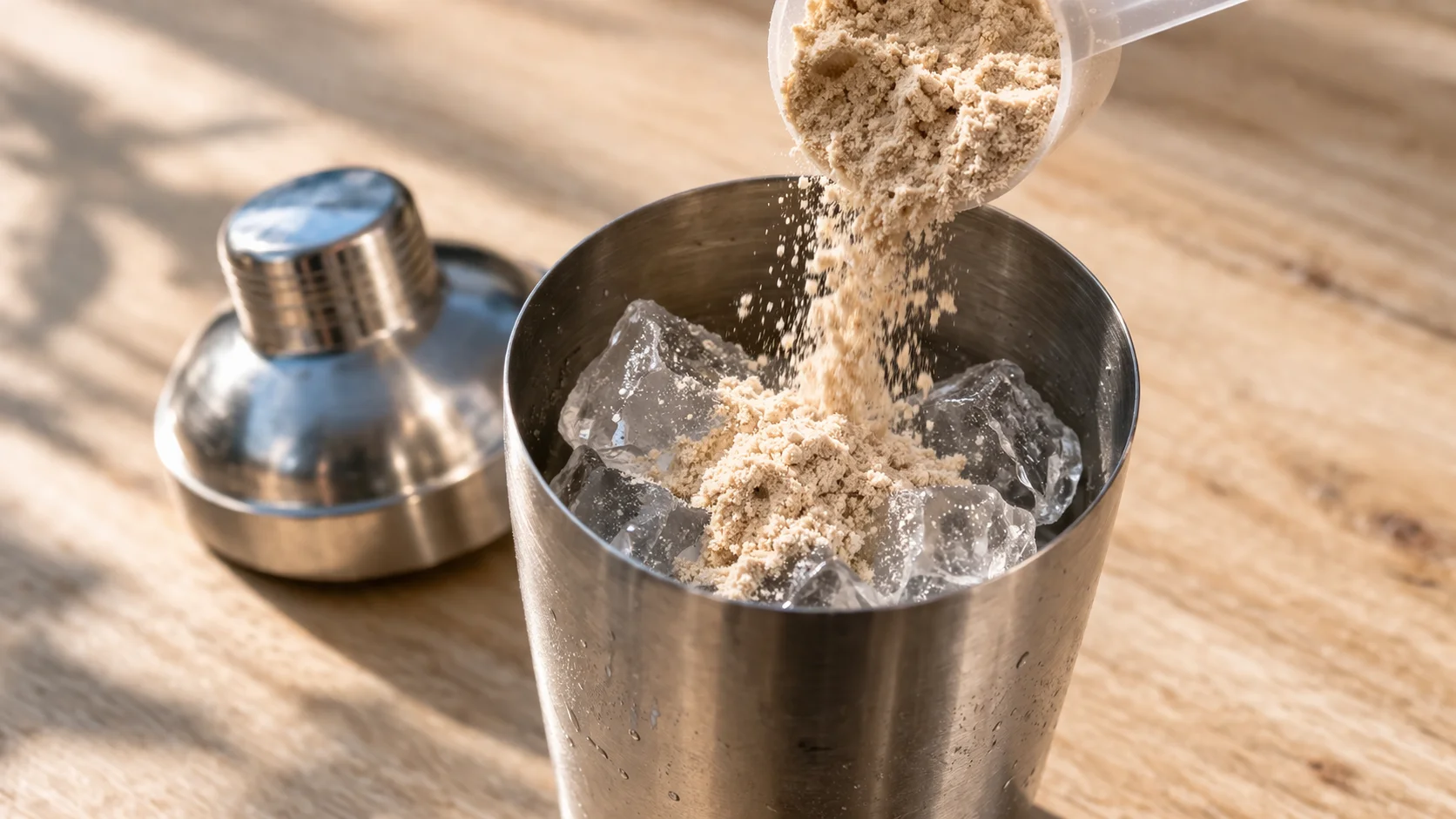 Glaçons dans un shaker en inox, dose de protéine en poudre en train d'être versée par-dessus, fond de bois clair, lumière naturelle