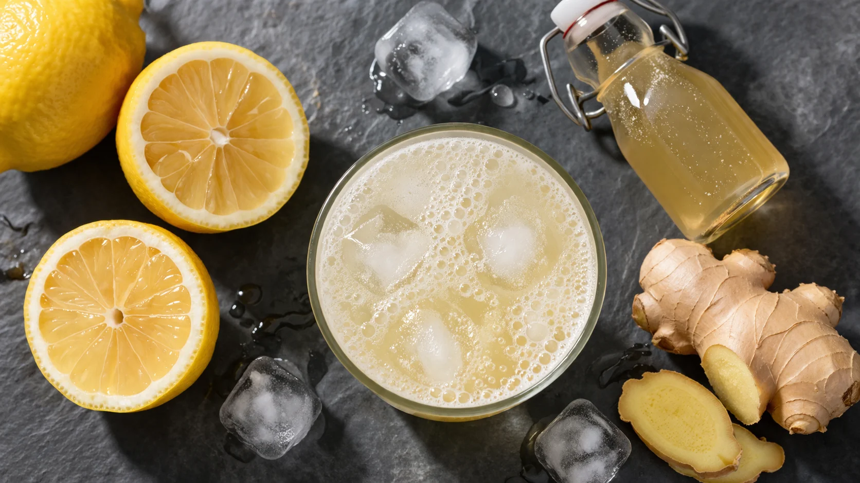 Vue de dessus d'un verre de boisson citron-gingembre protéinée pétillante avec les ingrédients bruts disposés autour, citrons frais et racine de gingembre sur ardoise grise