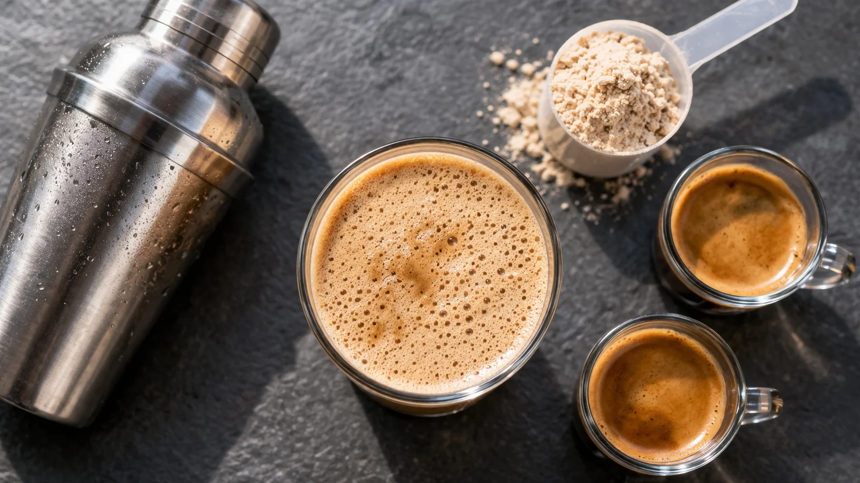 Vue de dessus d'un café shakerato protéiné dans un verre transparent avec la mousse visible, shaker et dose de protéines autour sur fond d'ardoise