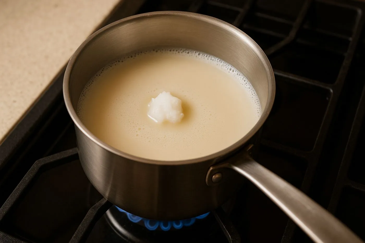 Chauffage du lait d'amande avec l'huile de coco dans une casserole pour le lait doré
