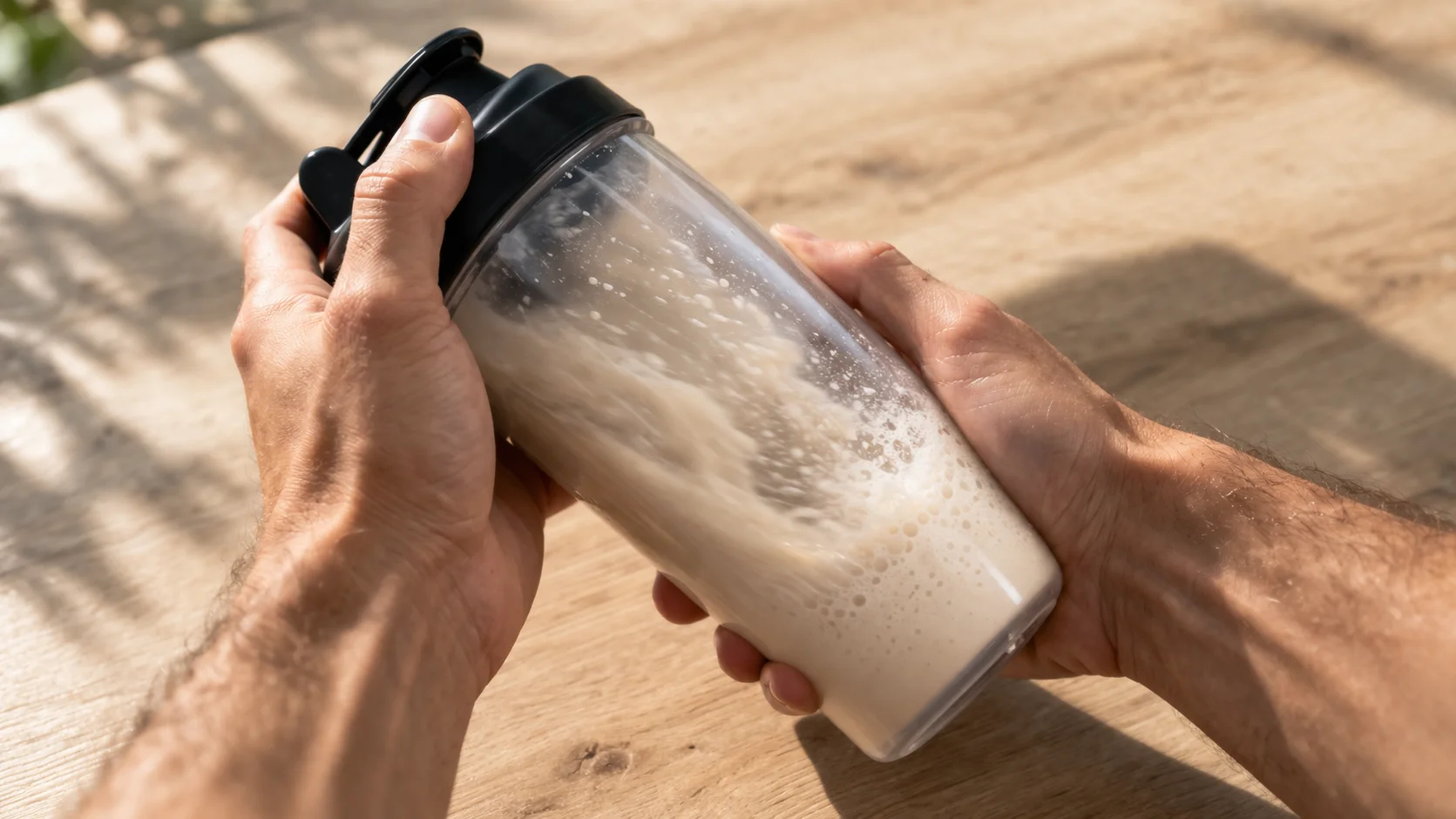 Shaker transparent agité à deux mains avec de la poudre de whey en cours de dissolution dans l'eau froide, fond de plan de travail en bois clair