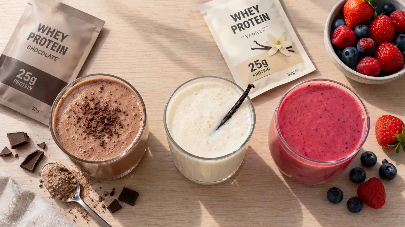 Vue d'ensemble de trois boissons protéinées maison dans des verres différents, sur un plan de travail en bois clair