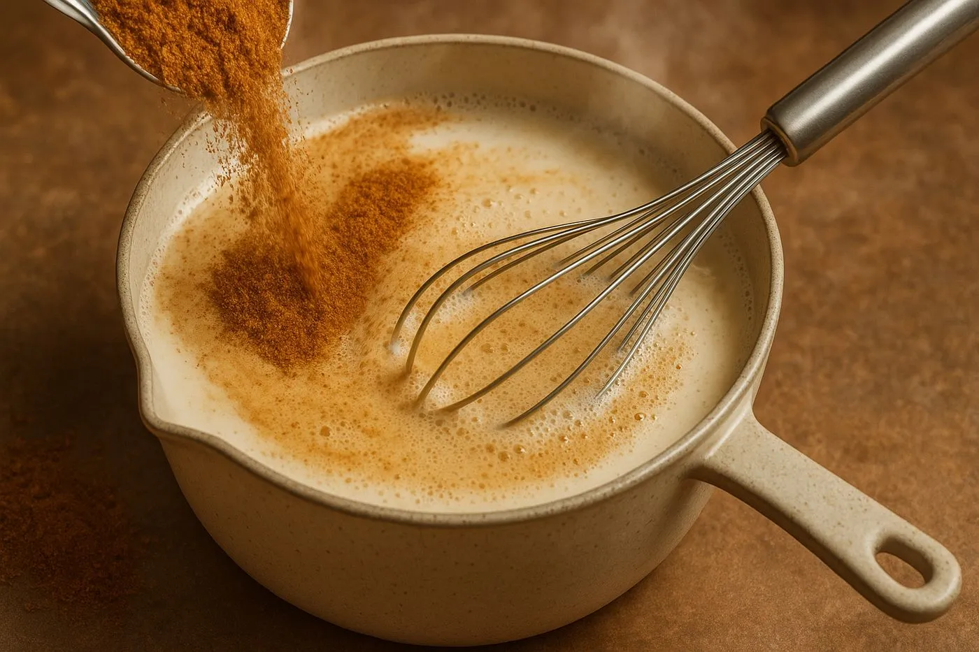 Incorporation du mélange d'épices dans le lait chaud en fouettant vigoureusement