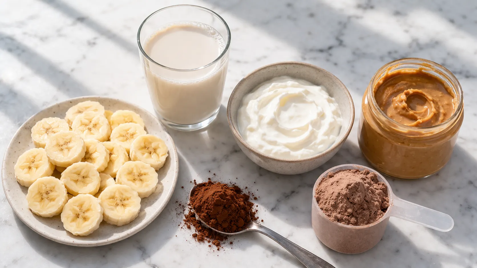 Ingrédients du smoothie protéiné chocolat-banane : banane, cacao, protéine en poudre et lait végétal