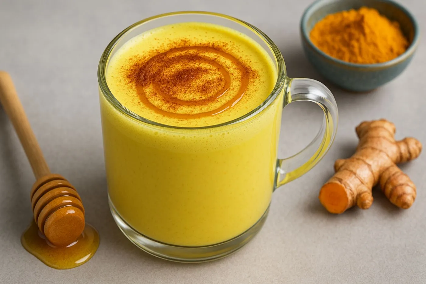 Lait doré protéiné au curcuma et miel servi dans une tasse, décoré d'une pincée de cannelle