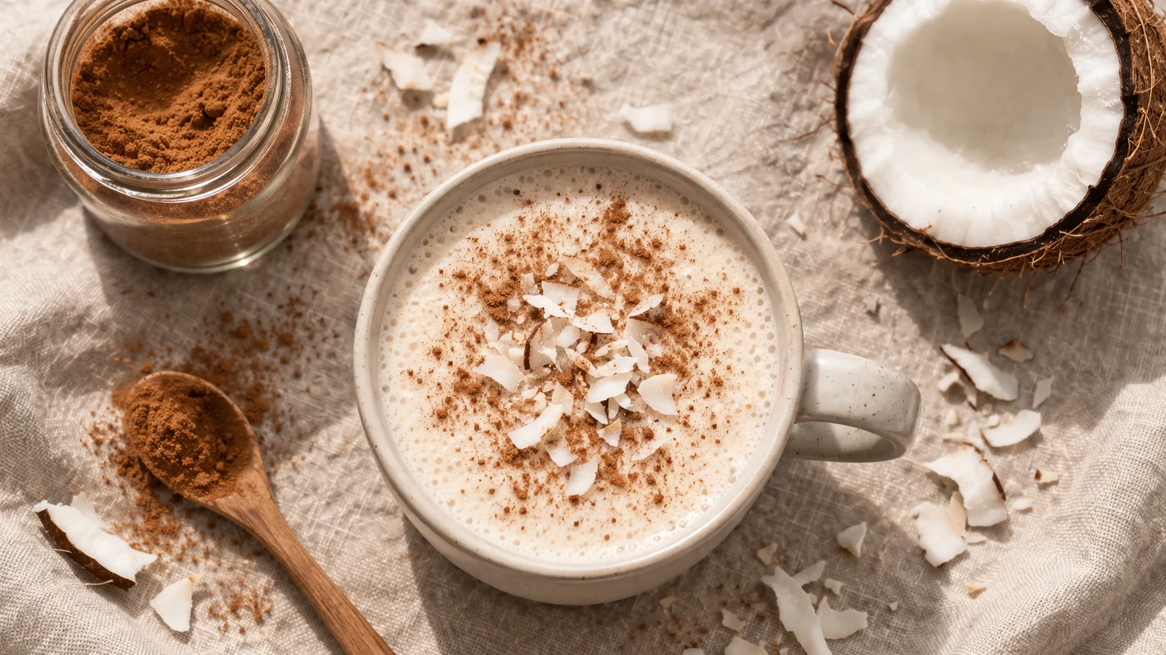 Vue de dessus d'un mug de lait protéiné coco avec copeaux de noix de coco et cannelle, sur fond de lin naturel