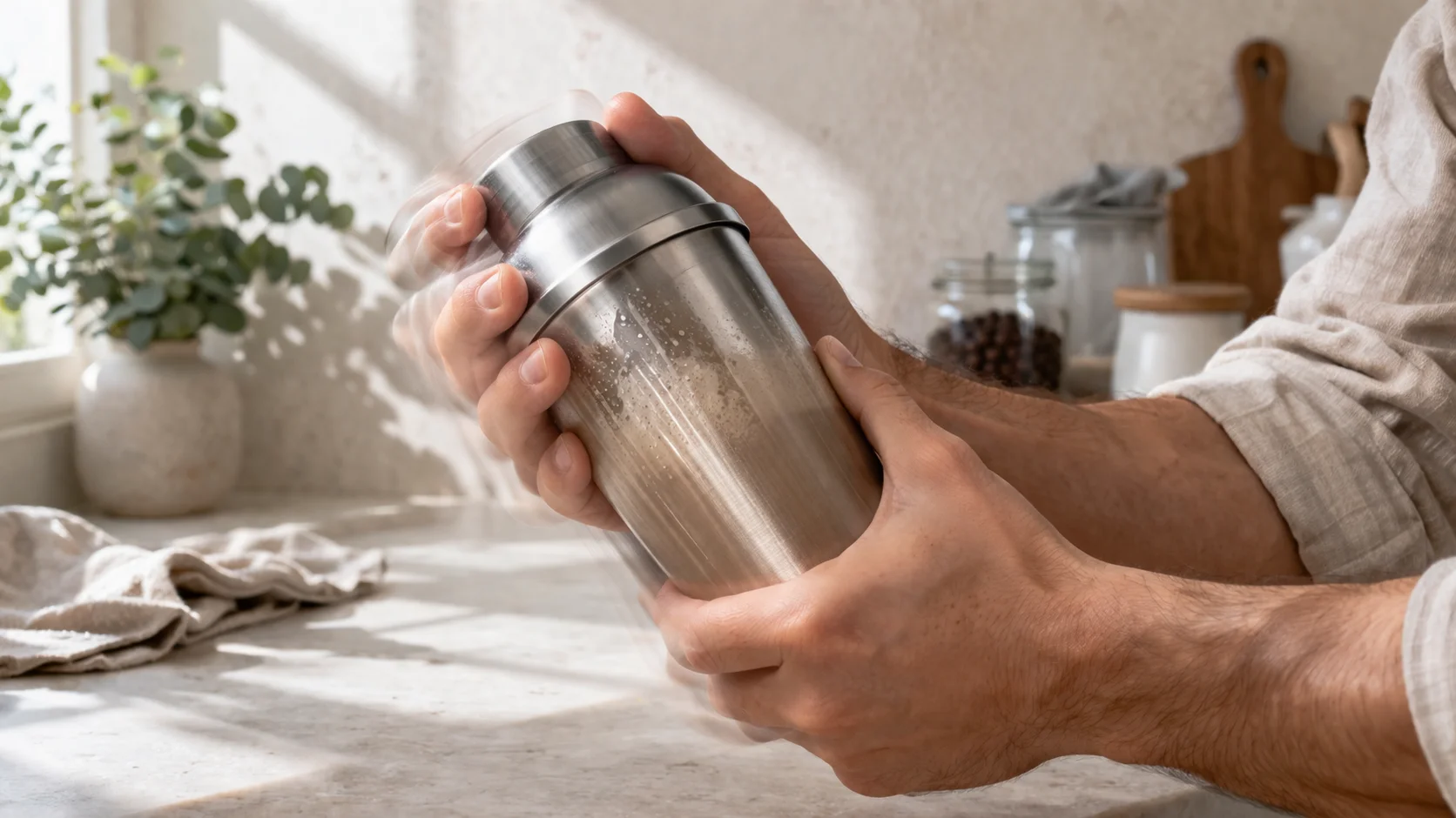 Mains secouant un shaker en métal contenant le mélange café et protéine