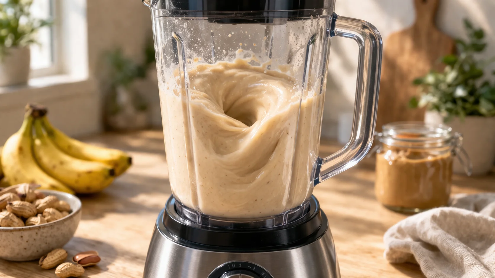 Blender en fonctionnement mixant le milkshake banane beurre de cacahuète, texture crémeuse visible à travers le bol