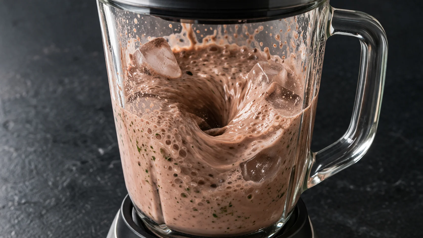 Blender en action pour préparer le milkshake chocolat-menthe protéiné, tourbillon visible à l'intérieur