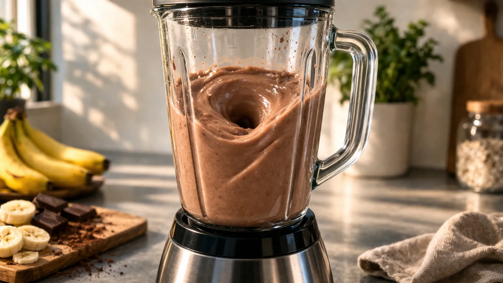 Mixage du smoothie chocolat-banane dans un blender jusqu'à obtenir une texture lisse et crémeuse