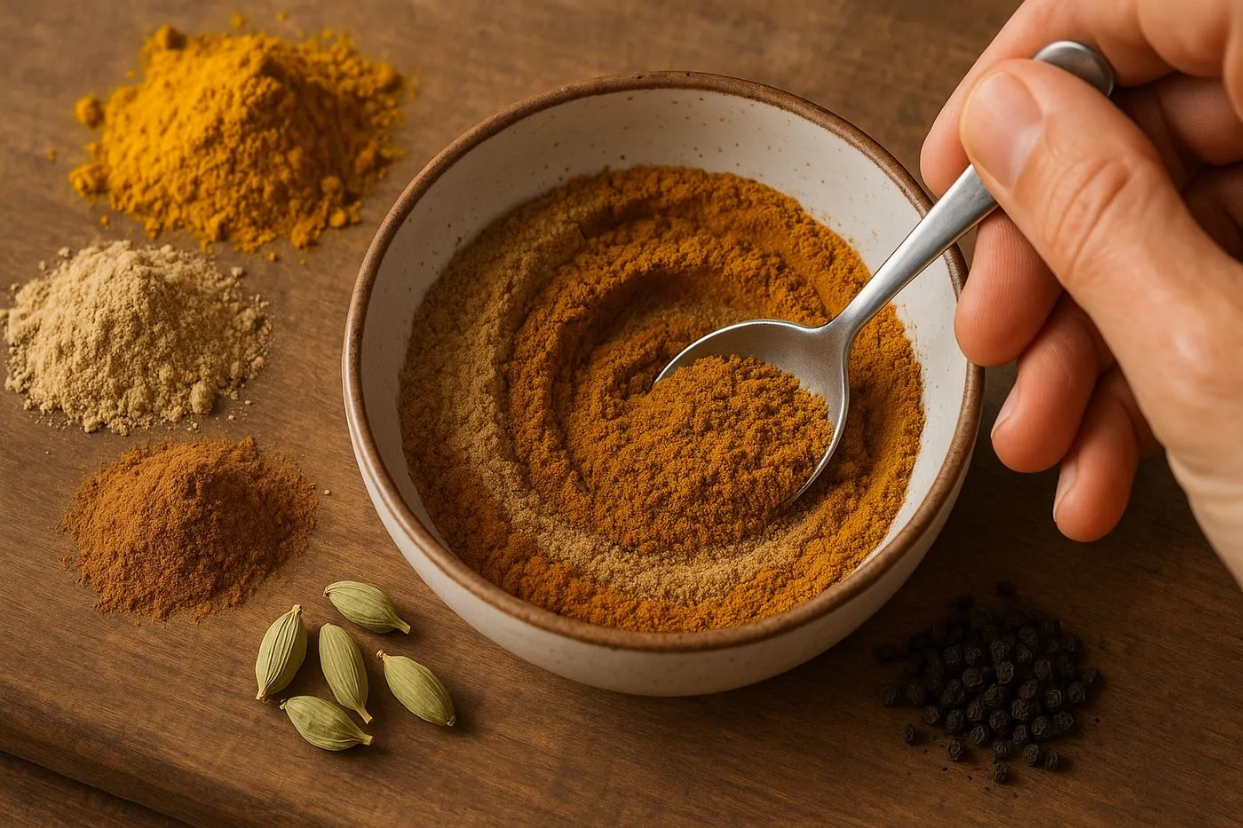 Préparation des épices pour le lait doré protéiné : curcuma, gingembre, cannelle et poivre noir