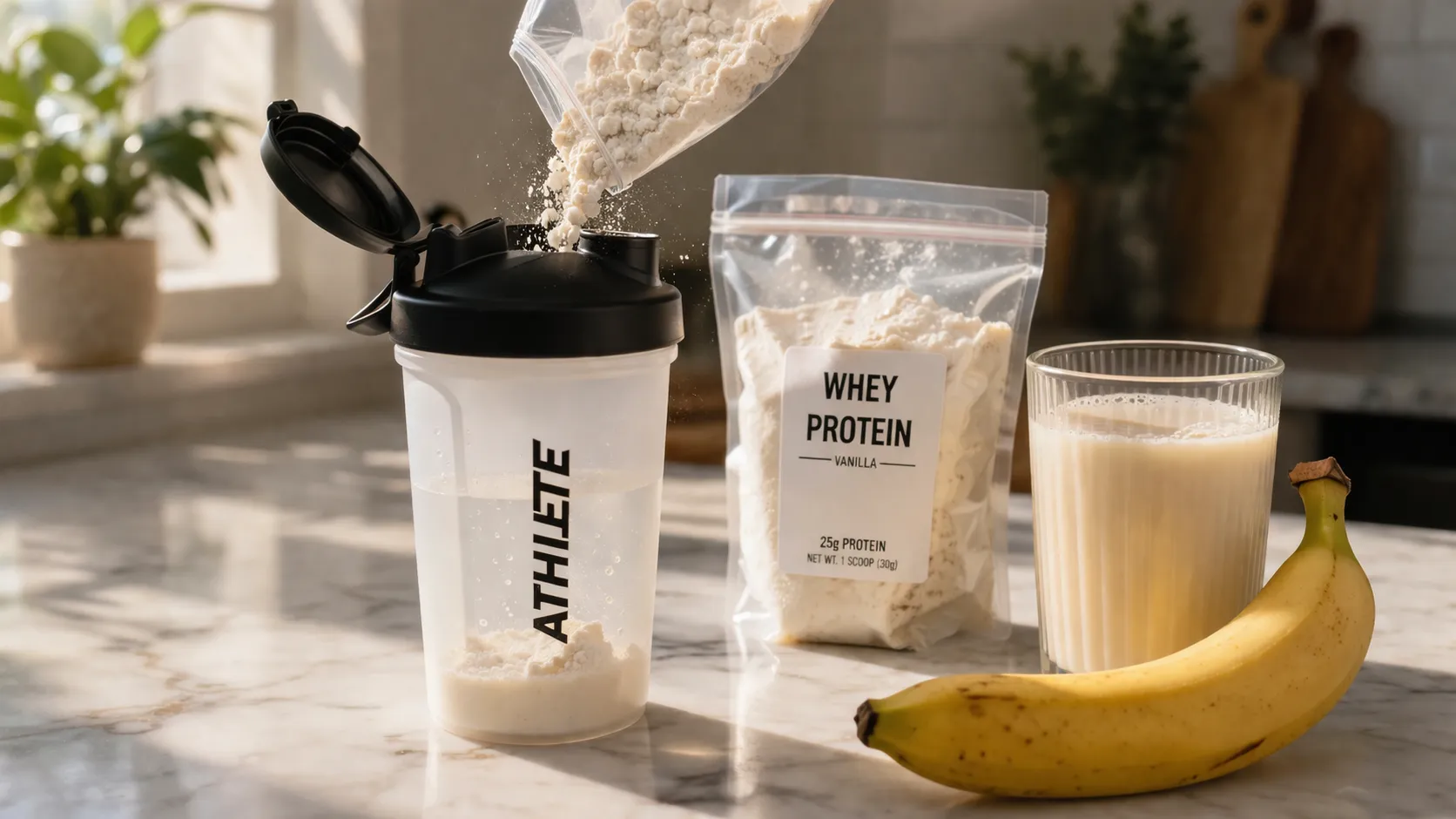 Préparation d'un shake protéiné maison : shaker, poudre de protéine et lait végétal posés sur un comptoir de cuisine