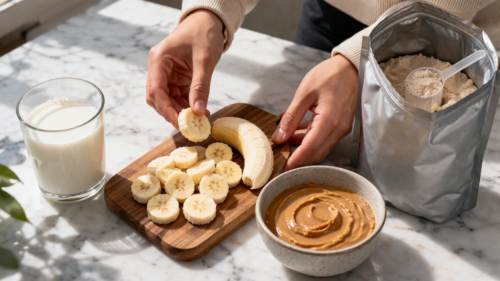 Ingrédients du milkshake banane beurre de cacahuète disposés sur un plan de travail en marbre blanc : banane, beurre de cacahuète, whey et lait
