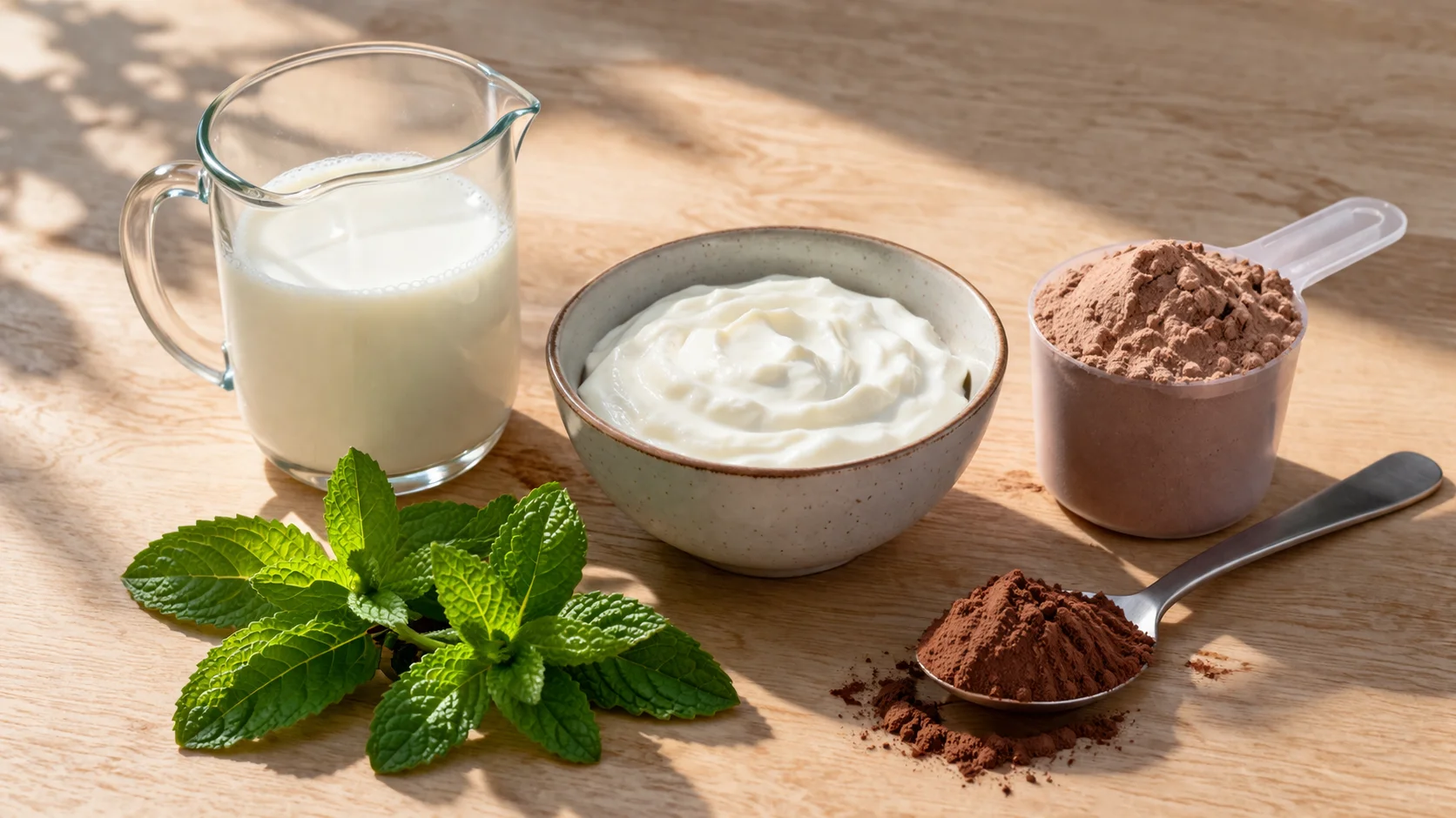 Ingrédients du milkshake chocolat-menthe protéiné disposés sur un plan de travail en bois clair
