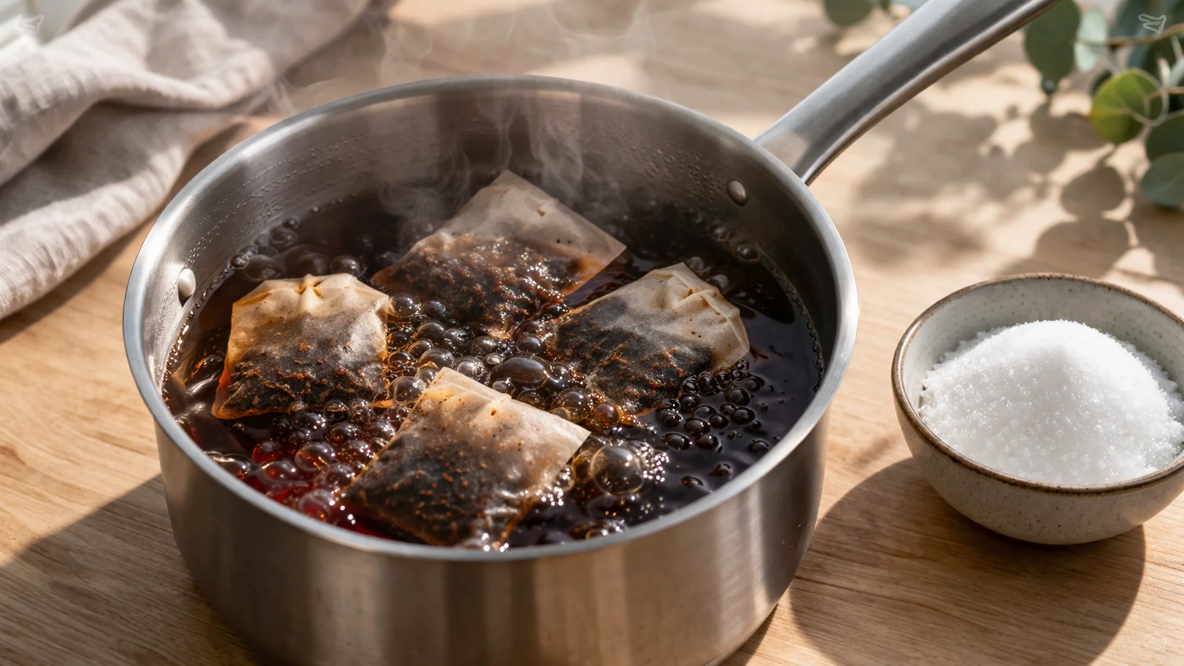 Casserole avec sachets de thé noir en infusion sur un plan de travail en bois clair, vapeur visible, lumière naturelle