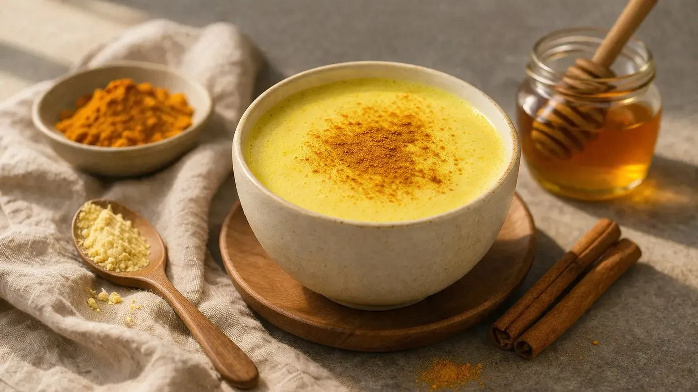 Gros plan sur un lait doré protéiné onctueux au curcuma et miel