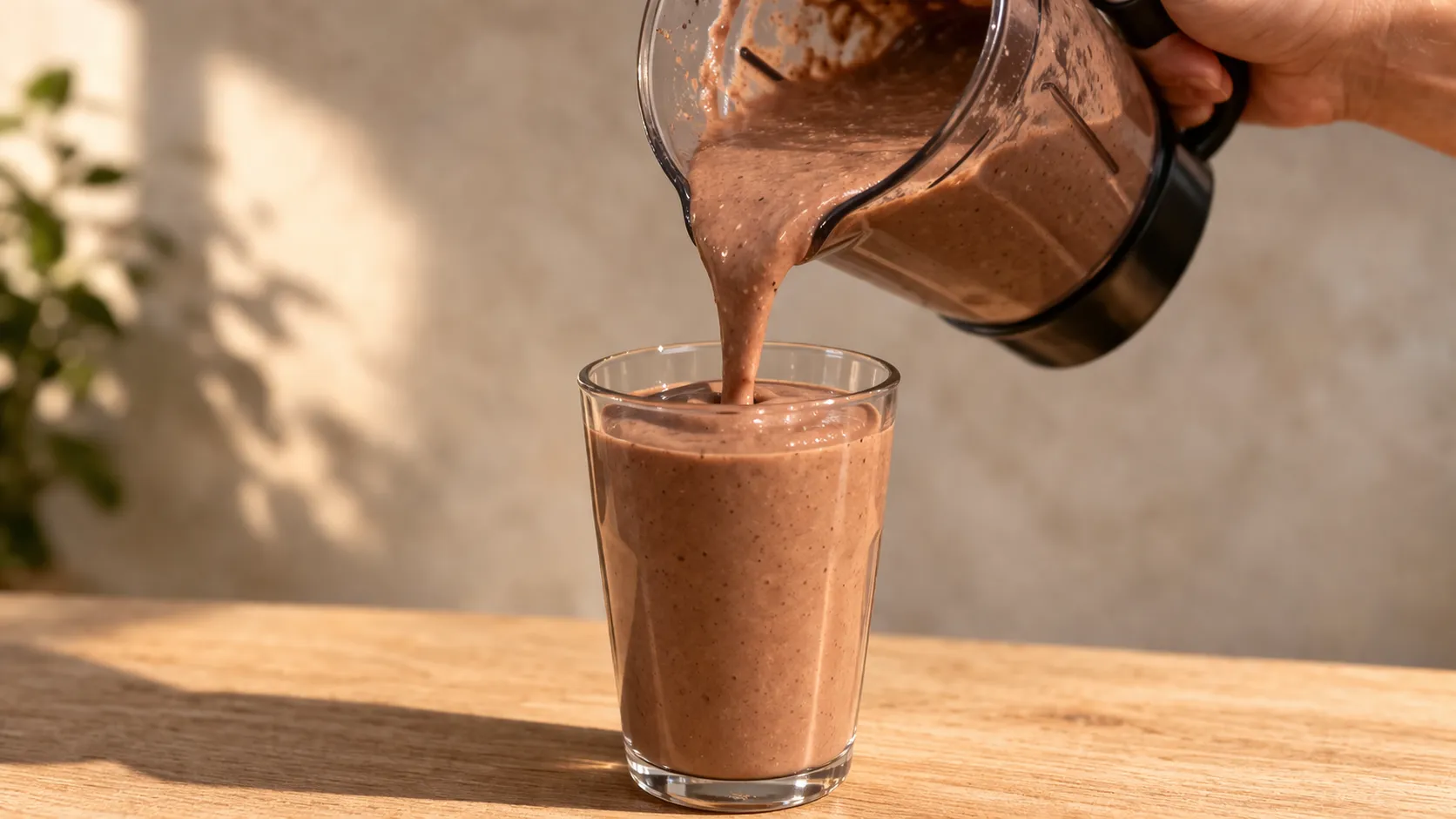 Smoothie protéiné chocolat-banane servi dans un grand verre avec une pincée de cacao