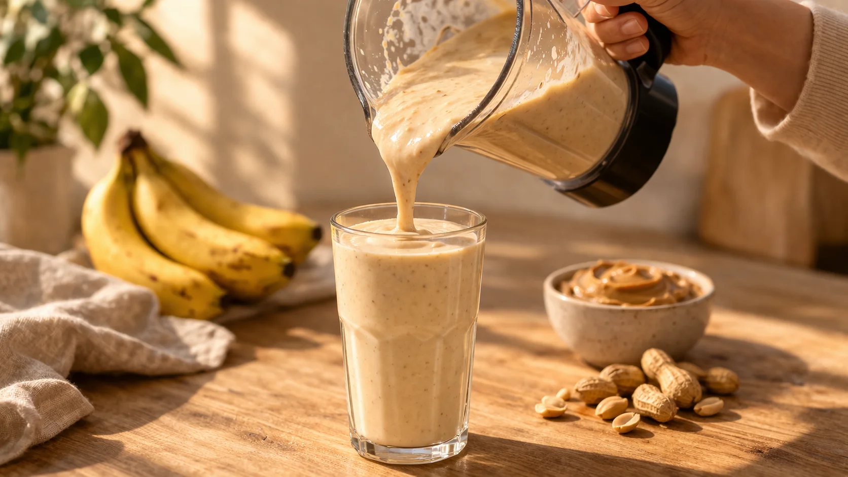 Grand verre de milkshake protéiné banane beurre de cacahuète avec un tourbillon de peanut butter sur le dessus, posé sur fond bois clair
