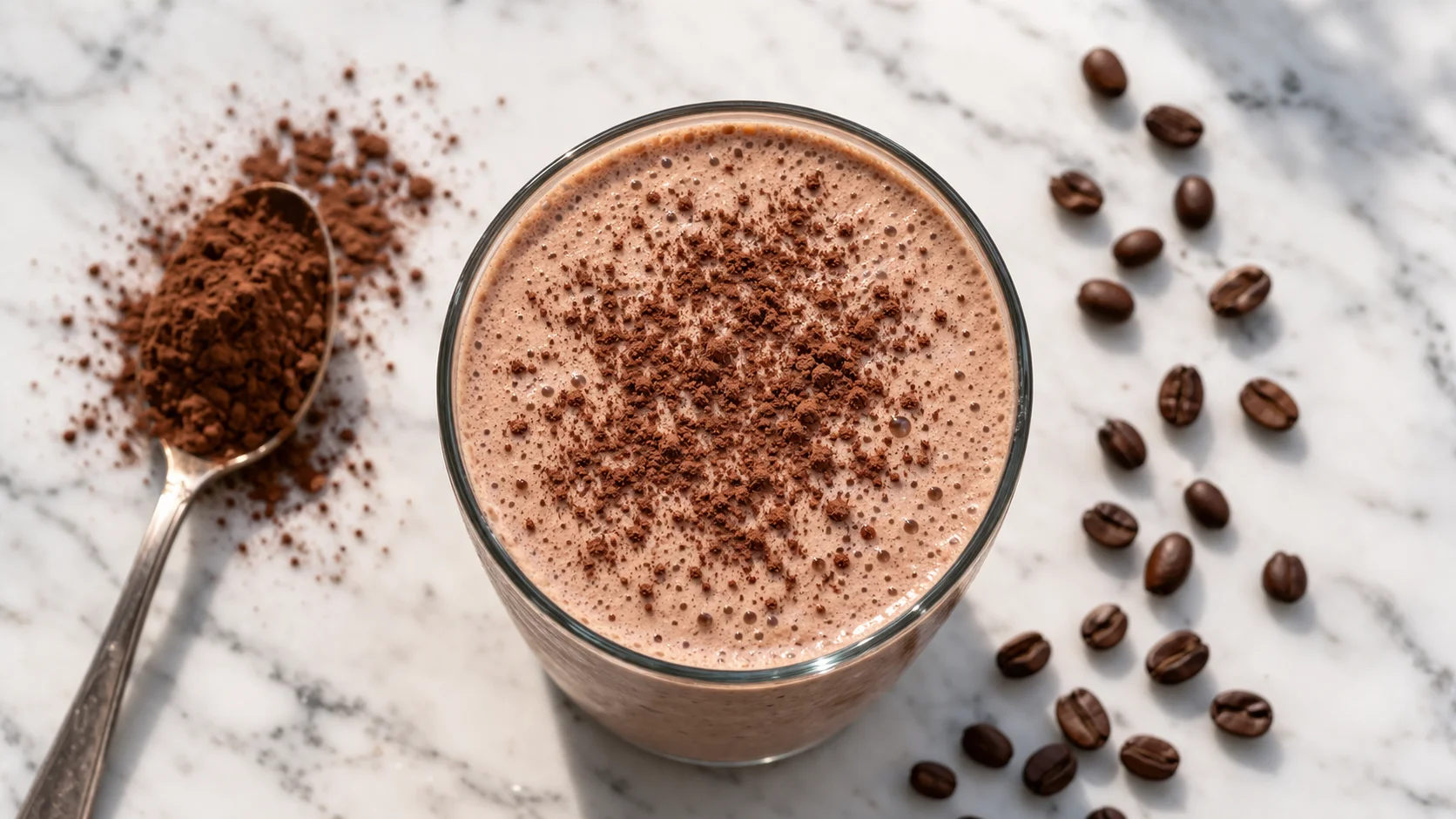 Vue de dessus d'un shake moka protéiné saupoudré de cacao amer, cuillère de poudre de cacao à côté