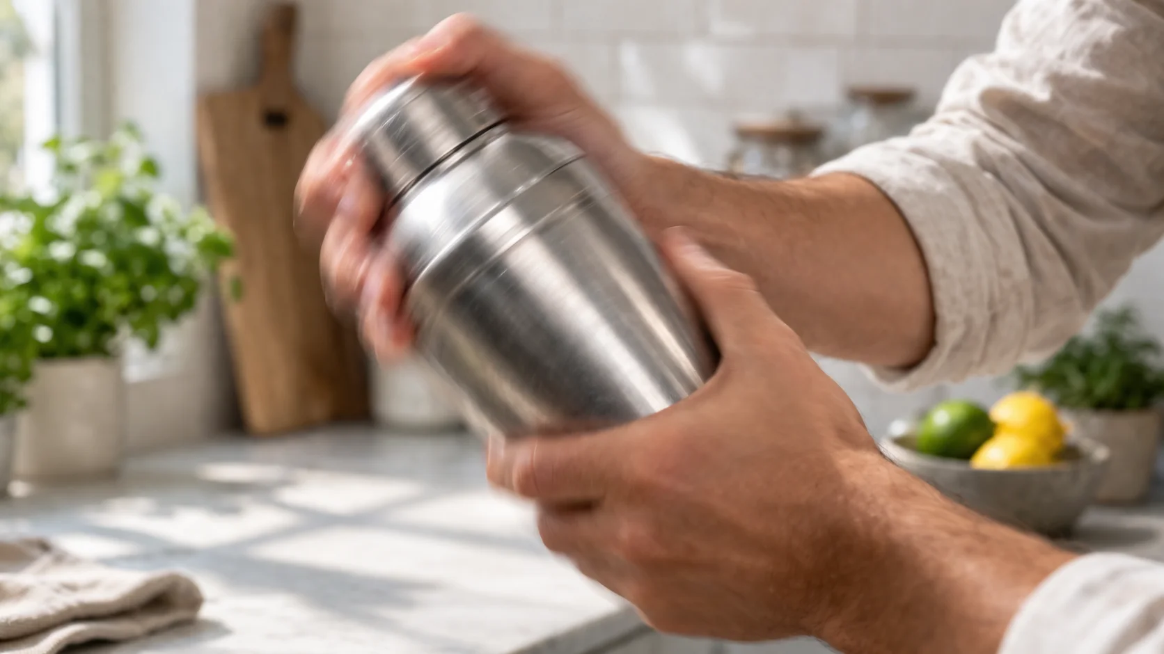 Mains tenant fermement un shaker en inox et l'agitant en mouvement dynamique, fond de cuisine neutre, lumière naturelle