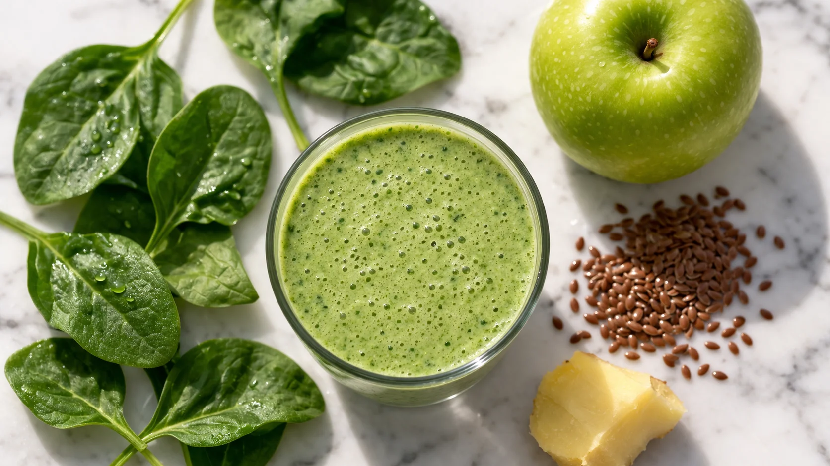 Vue de dessus du smoothie vert détox protéiné avec les ingrédients frais disposés autour du verre sur fond de marbre blanc