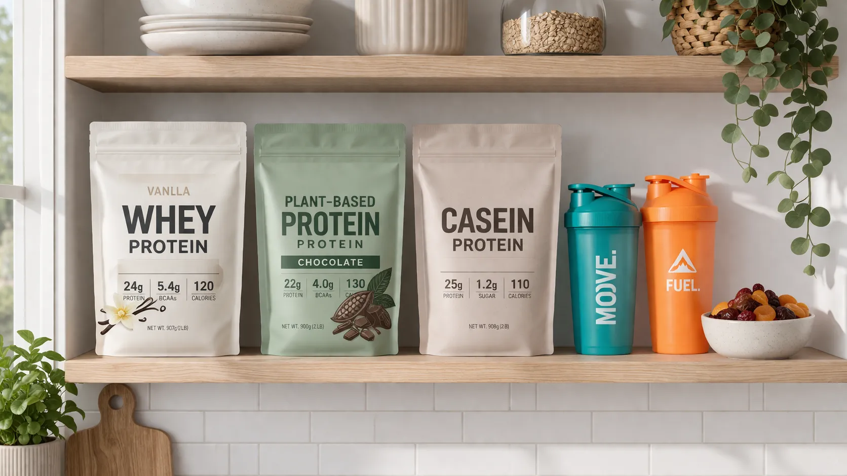 Rangement organisé de sachets de poudre protéinée, shakers colorés et fruits frais sur une étagère de cuisine