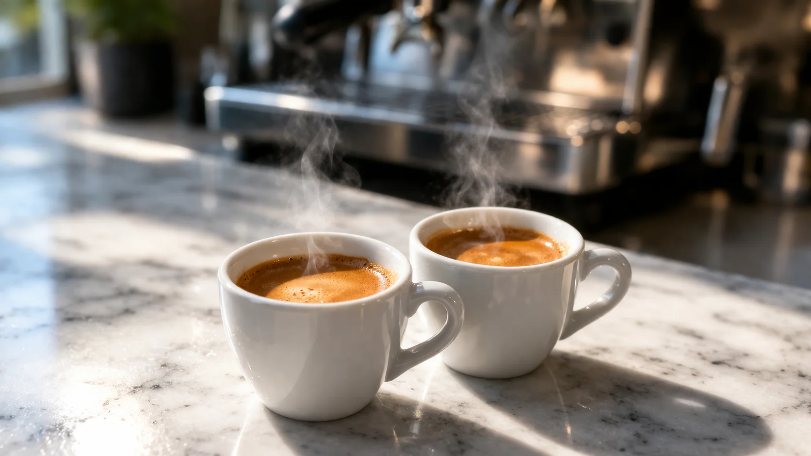 Deux tasses d'expresso serré fraîchement tirés sur un plan de travail en marbre blanc, vapeur légère visible, machine à café en arrière-plan