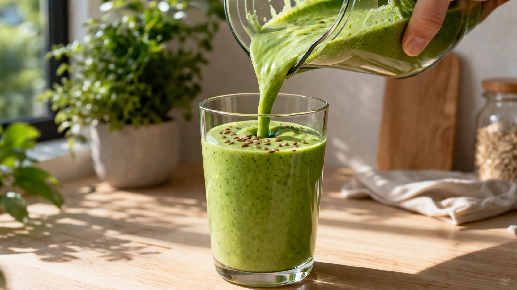 Smoothie vert détox protéiné versé dans un grand verre transparent sur fond de bois clair, garni de quelques graines de lin