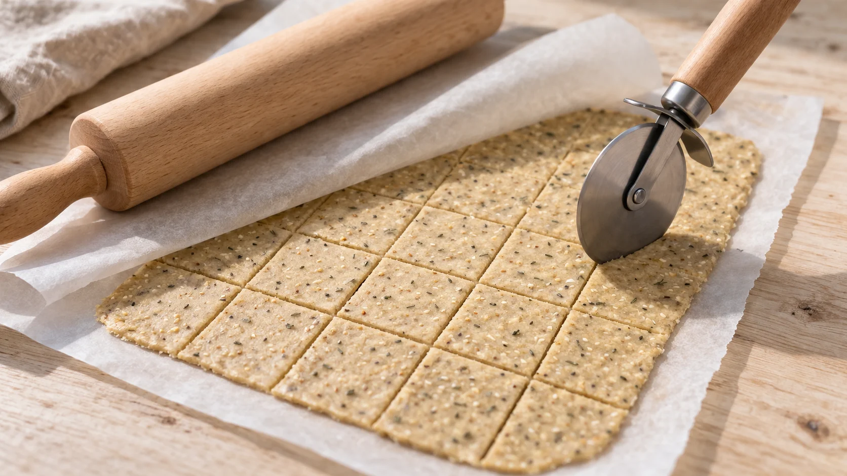 Pâte à crackers étalée entre deux feuilles de papier sulfurisé, rouleau à pâtisserie visible, découpe en rectangles en cours