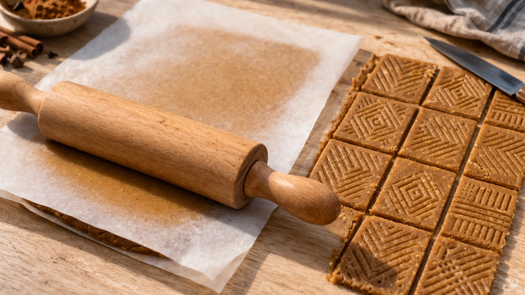Rouleau à pâtisserie étalant la pâte épicée spéculoos dorée entre deux feuilles de papier cuisson, rectangles en cours de découpage au couteau, motifs géométriques marqués à la fourchette
