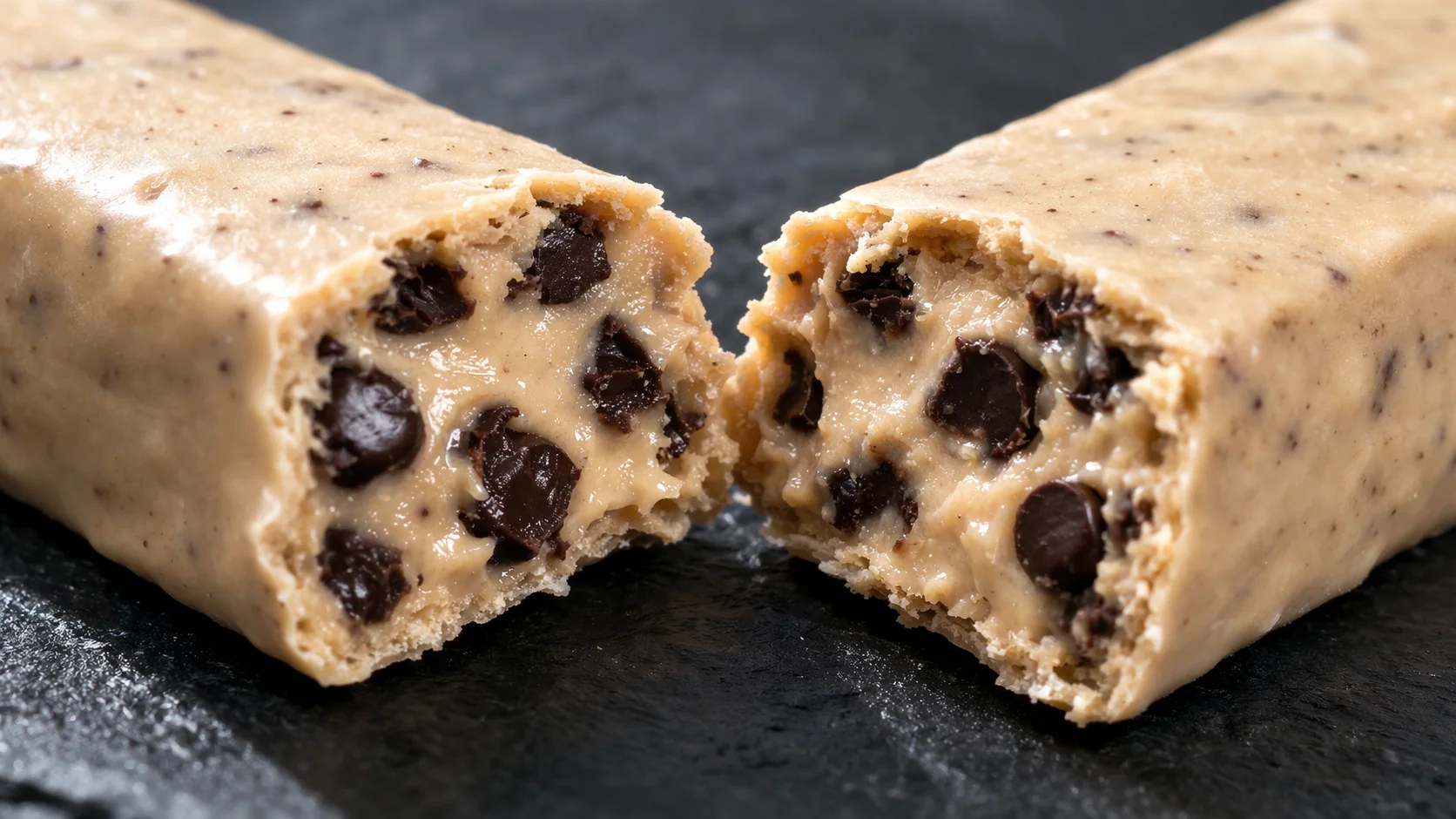 Gros plan sur une barre protéinée cookie dough cassée en deux révélant une texture crémeuse et fondante avec pépites de chocolat noir bien visibles, fond ardoise sombre