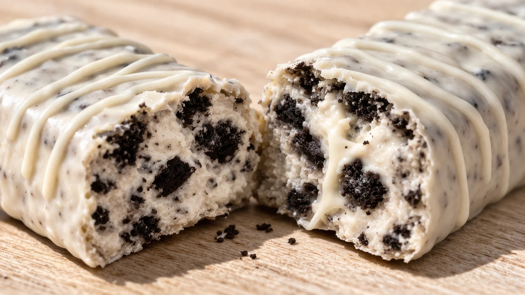 Gros plan sur une barre protéinée cookies and cream cassée en deux révélant la texture crémeuse et les éclats de biscuits chocolatés noirs encastrés, fond bois clair