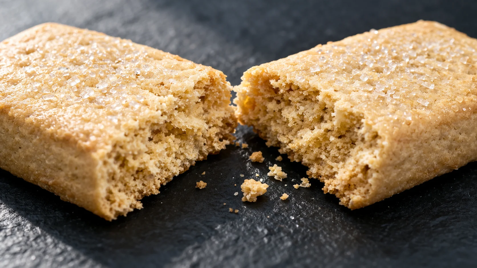 Gros plan sur un biscuit protéiné vanille cassé en deux révélant une texture croustillante et légèrement friable couleur dorée, fond ardoise sombre